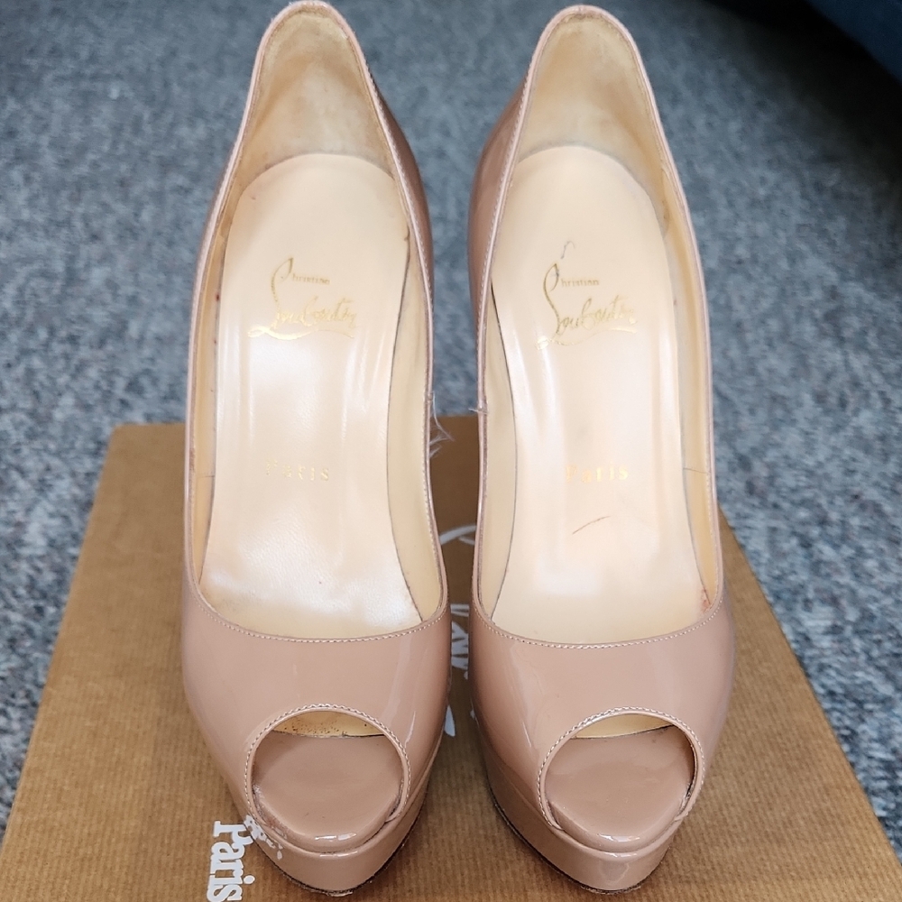 Christian Louboutin LADY PEEP 150 PATENT CALF Peep Toe Heels - Nude